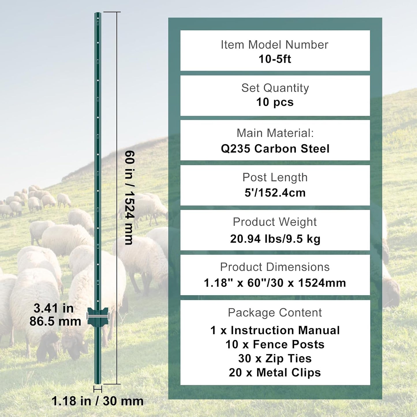 6 Feet Fence Post, 10 Pack U-Channel Heavy Duty Metal Fence Posts with 40 Zip Ties & 20 Clips, Sturdy Steel Fence Stakes for Garden Yard, Lawn, Farms and Outdoor Wire Fencing, Green
