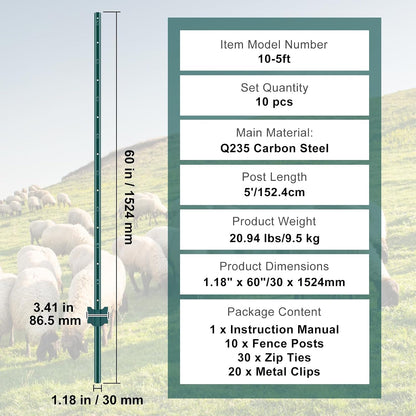6 Feet Fence Post, 10 Pack U-Channel Heavy Duty Metal Fence Posts with 40 Zip Ties & 20 Clips, Sturdy Steel Fence Stakes for Garden Yard, Lawn, Farms and Outdoor Wire Fencing, Green