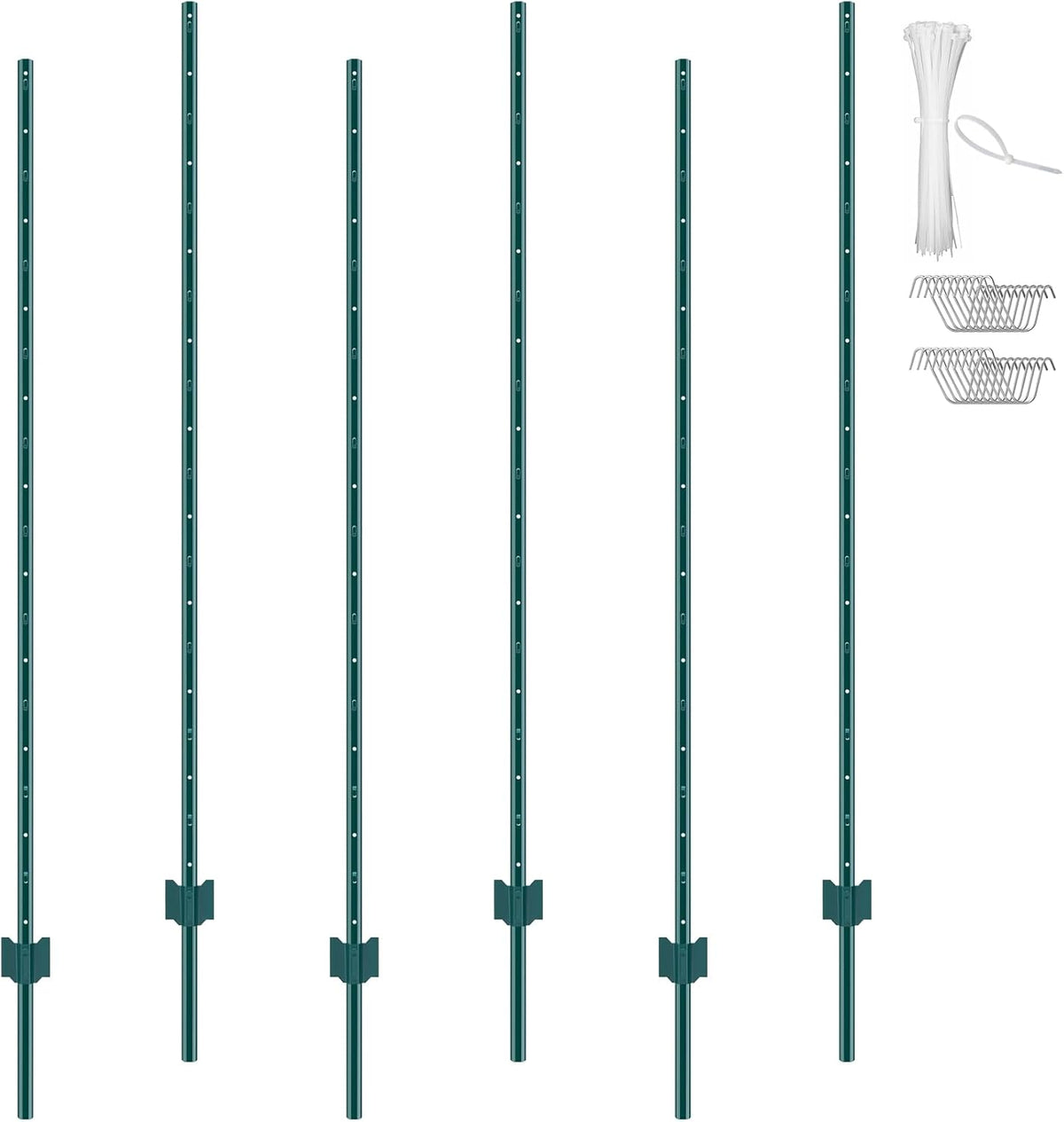 6 Feet Fence Post, 10 Pack U-Channel Heavy Duty Metal Fence Posts with 40 Zip Ties & 20 Clips, Sturdy Steel Fence Stakes for Garden Yard, Lawn, Farms and Outdoor Wire Fencing, Green