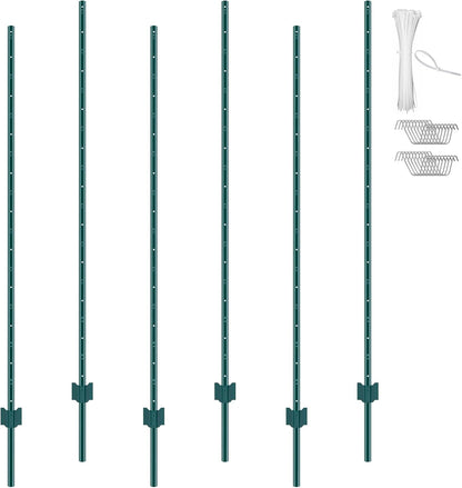 6 Feet Fence Post, 10 Pack U-Channel Heavy Duty Metal Fence Posts with 40 Zip Ties & 20 Clips, Sturdy Steel Fence Stakes for Garden Yard, Lawn, Farms and Outdoor Wire Fencing, Green
