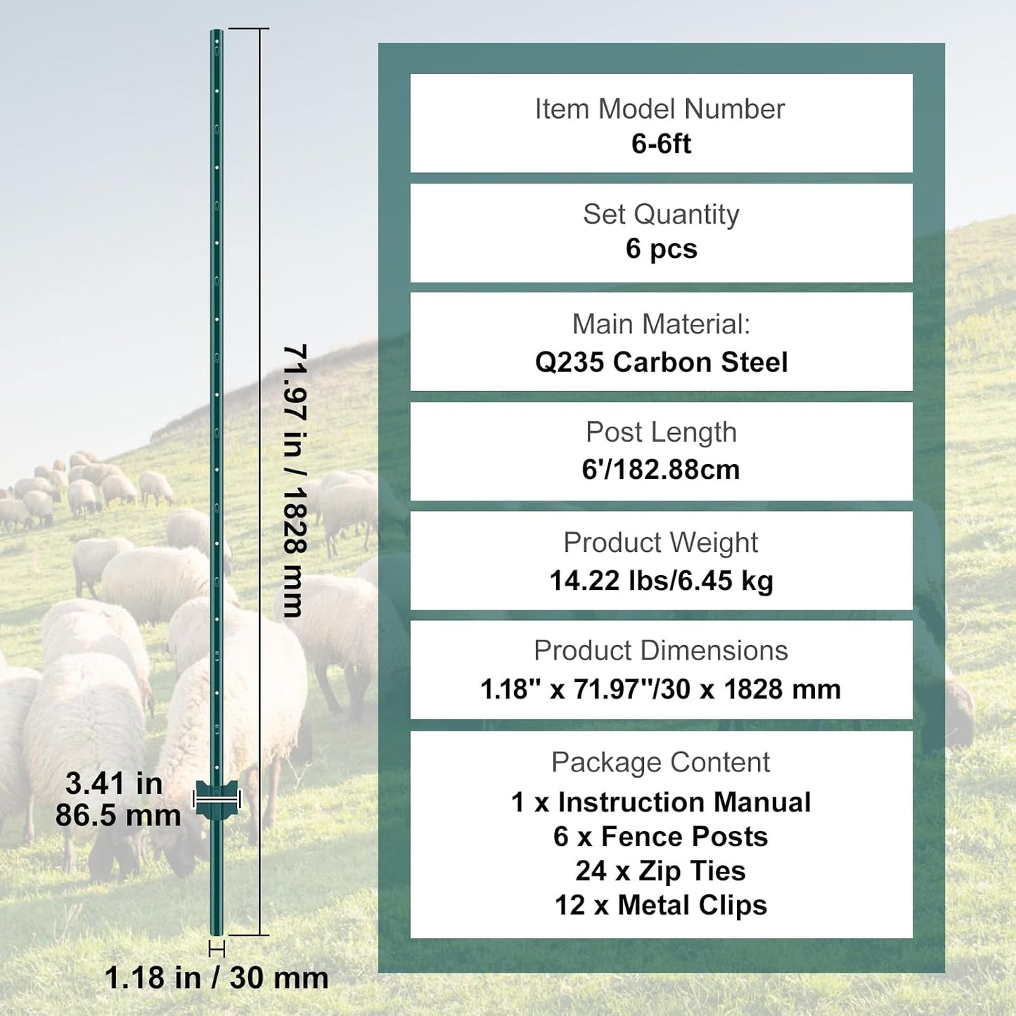 6 Feet Fence Post, 10 Pack U-Channel Heavy Duty Metal Fence Posts with 40 Zip Ties & 20 Clips, Sturdy Steel Fence Stakes for Garden Yard, Lawn, Farms and Outdoor Wire Fencing, Green