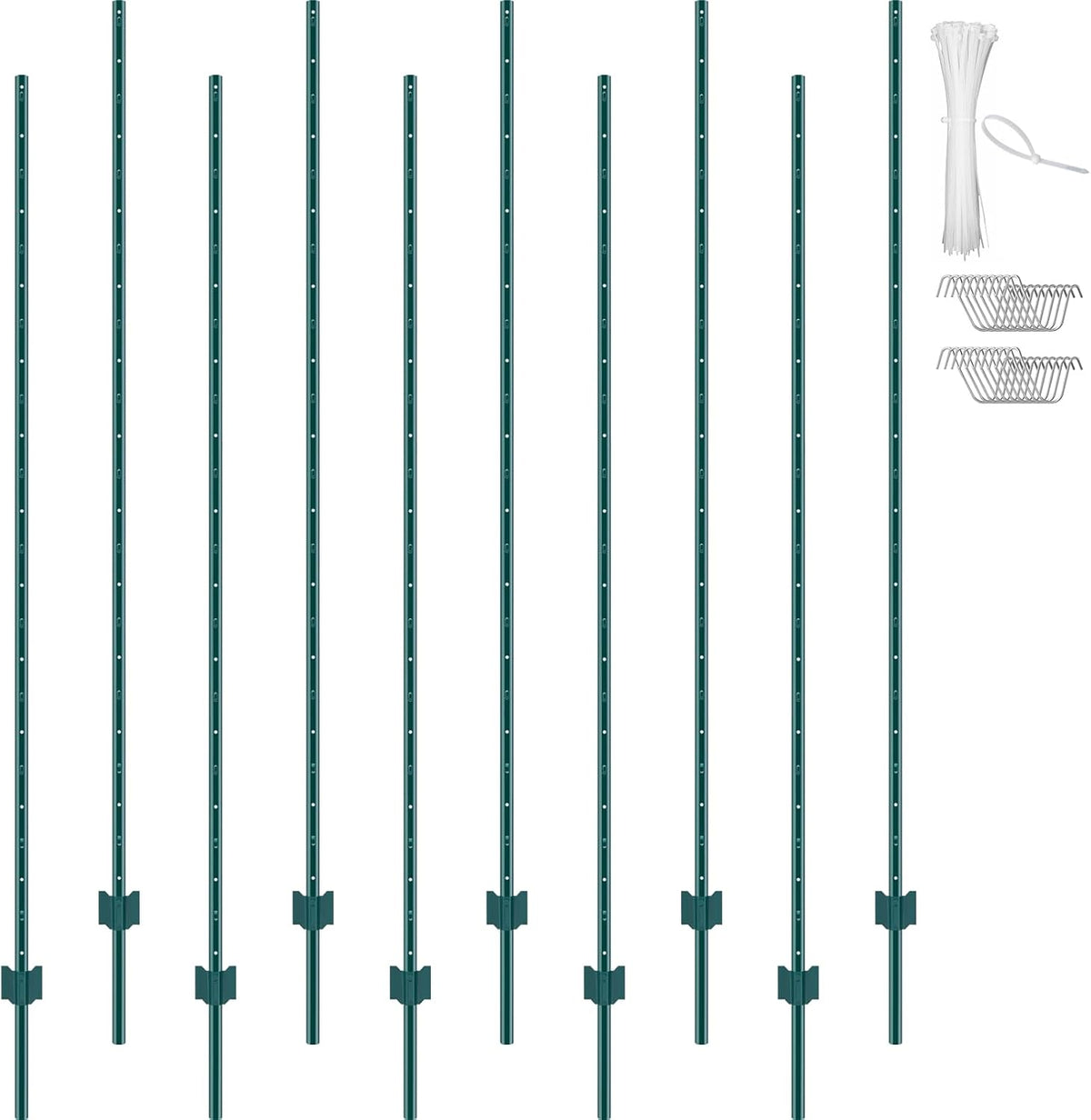 6 Feet Fence Post, 10 Pack U-Channel Heavy Duty Metal Fence Posts with 40 Zip Ties & 20 Clips, Sturdy Steel Fence Stakes for Garden Yard, Lawn, Farms and Outdoor Wire Fencing, Green