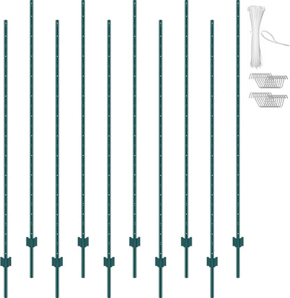 6 Feet Fence Post, 10 Pack U-Channel Heavy Duty Metal Fence Posts with 40 Zip Ties & 20 Clips, Sturdy Steel Fence Stakes for Garden Yard, Lawn, Farms and Outdoor Wire Fencing, Green