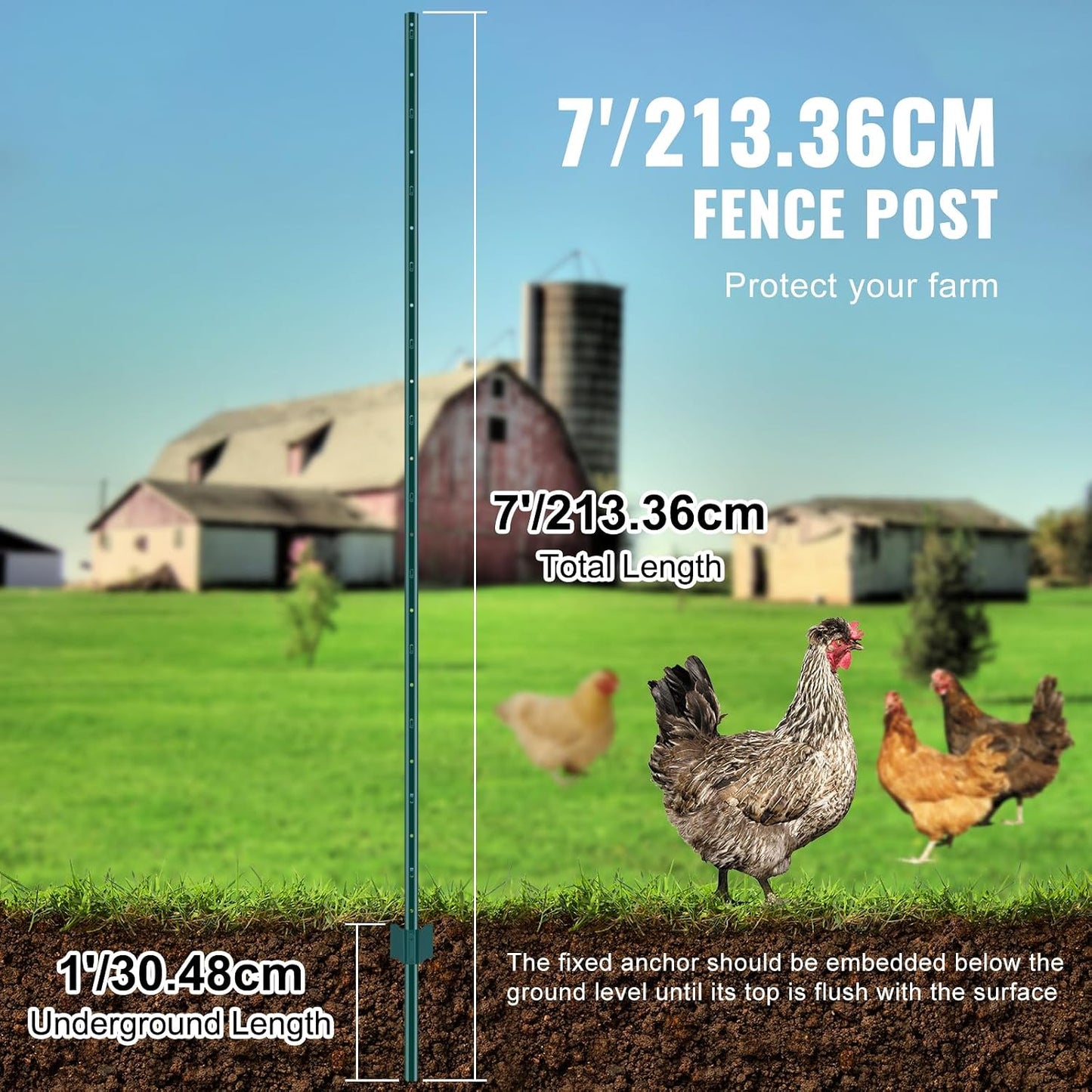 6 Feet Fence Post, 10 Pack U-Channel Heavy Duty Metal Fence Posts with 40 Zip Ties & 20 Clips, Sturdy Steel Fence Stakes for Garden Yard, Lawn, Farms and Outdoor Wire Fencing, Green