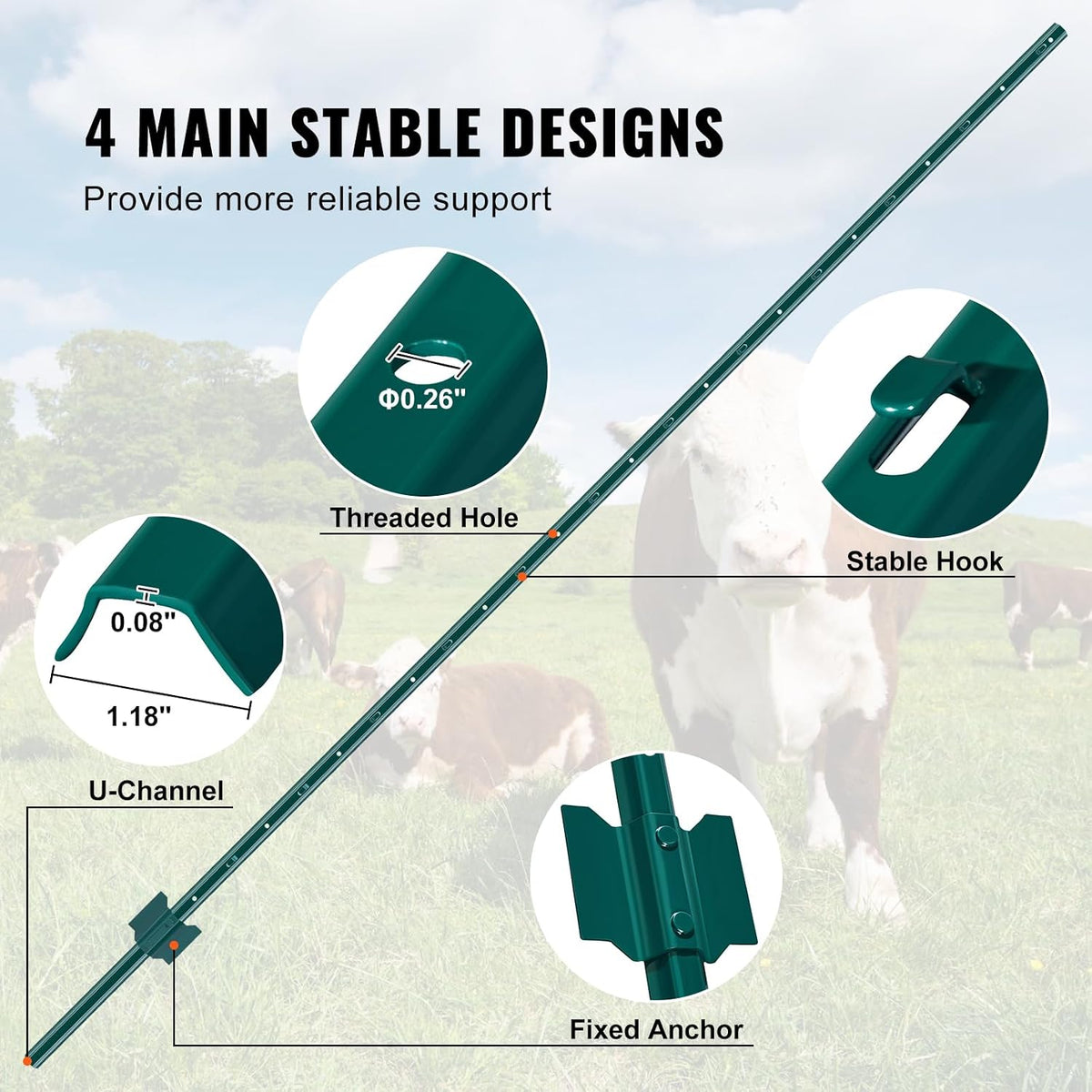 6 Feet Fence Post, 10 Pack U-Channel Heavy Duty Metal Fence Posts with 40 Zip Ties & 20 Clips, Sturdy Steel Fence Stakes for Garden Yard, Lawn, Farms and Outdoor Wire Fencing, Green