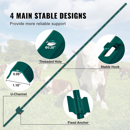 6 Feet Fence Post, 10 Pack U-Channel Heavy Duty Metal Fence Posts with 40 Zip Ties & 20 Clips, Sturdy Steel Fence Stakes for Garden Yard, Lawn, Farms and Outdoor Wire Fencing, Green