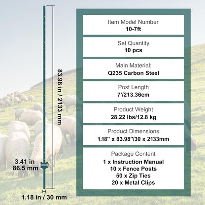 6 Feet Fence Post, 10 Pack U-Channel Heavy Duty Metal Fence Posts with 40 Zip Ties & 20 Clips, Sturdy Steel Fence Stakes for Garden Yard, Lawn, Farms and Outdoor Wire Fencing, Green