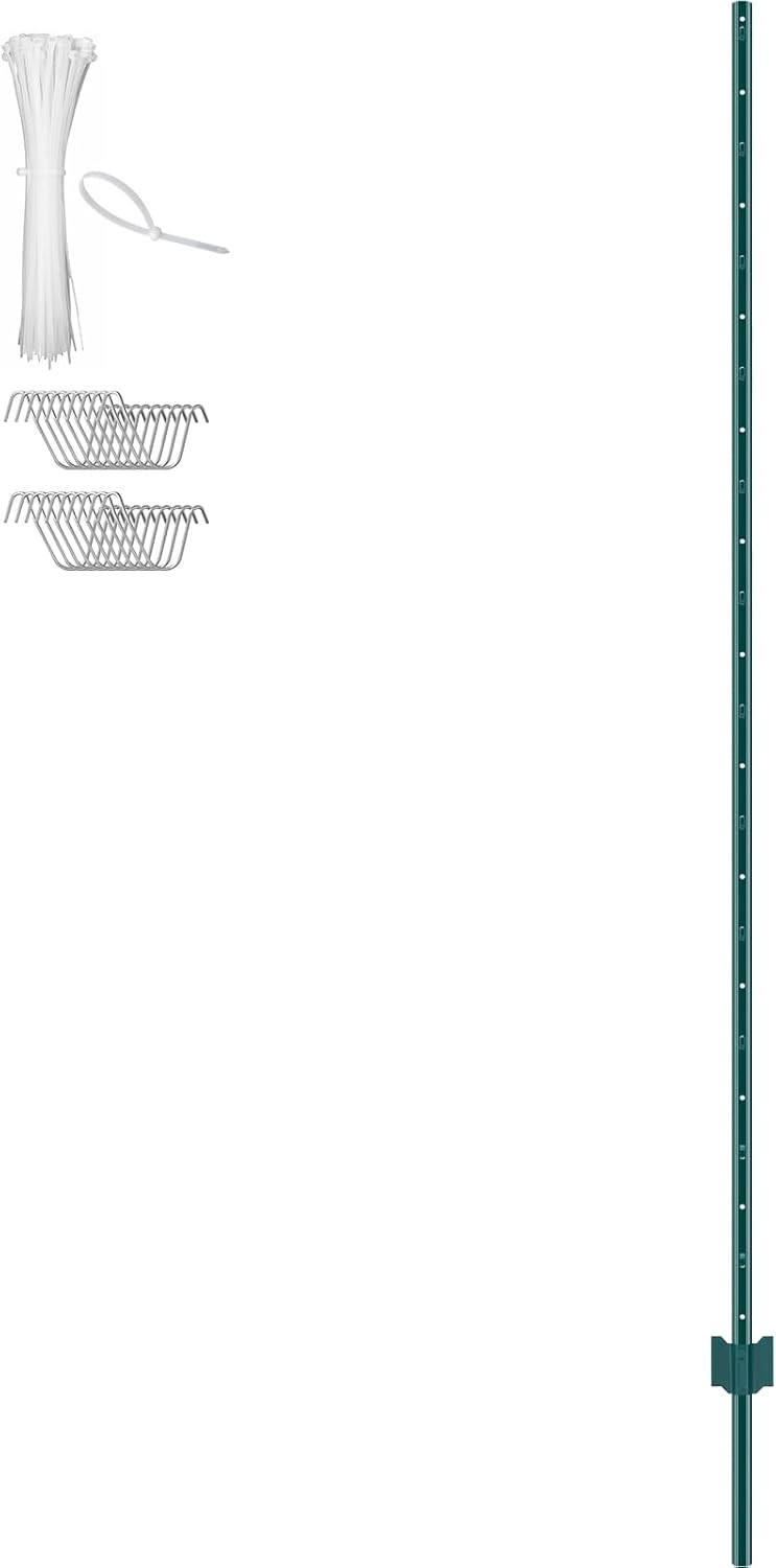 6 Feet Fence Post, 10 Pack U-Channel Heavy Duty Metal Fence Posts with 40 Zip Ties & 20 Clips, Sturdy Steel Fence Stakes for Garden Yard, Lawn, Farms and Outdoor Wire Fencing, Green