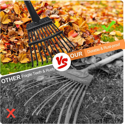 Small Rake for Leaves, 11 Tines Narrow Garden Rake, 60'' Long Handle Small Rakes for Dog Poop, Lawns, Flower Beds, Mulch, Shrub