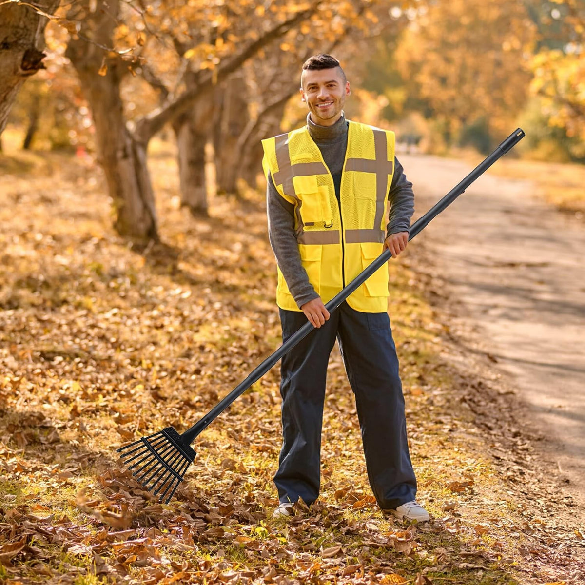 Small Rake for Leaves, 11 Tines Narrow Garden Rake, 60'' Long Handle Small Rakes for Dog Poop, Lawns, Flower Beds, Mulch, Shrub