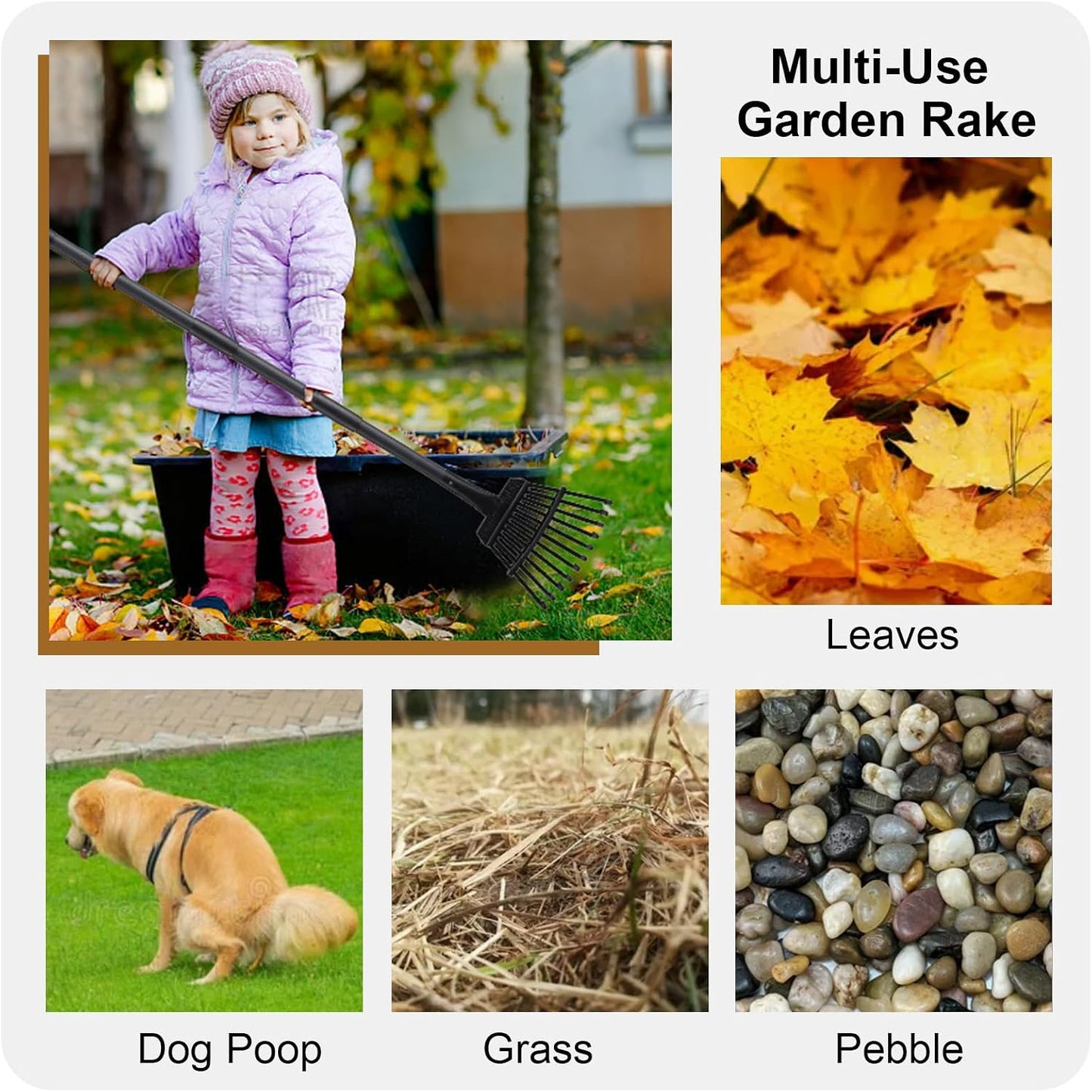 Small Rake for Leaves, 11 Tines Narrow Garden Rake, 60'' Long Handle Small Rakes for Dog Poop, Lawns, Flower Beds, Mulch, Shrub