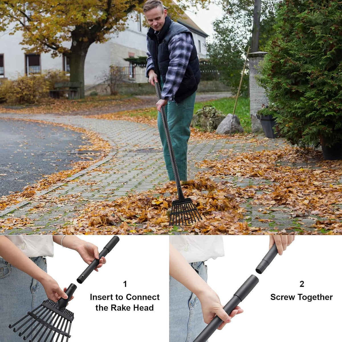 Small Rake for Leaves, 11 Tines Narrow Garden Rake, 60'' Long Handle Small Rakes for Dog Poop, Lawns, Flower Beds, Mulch, Shrub