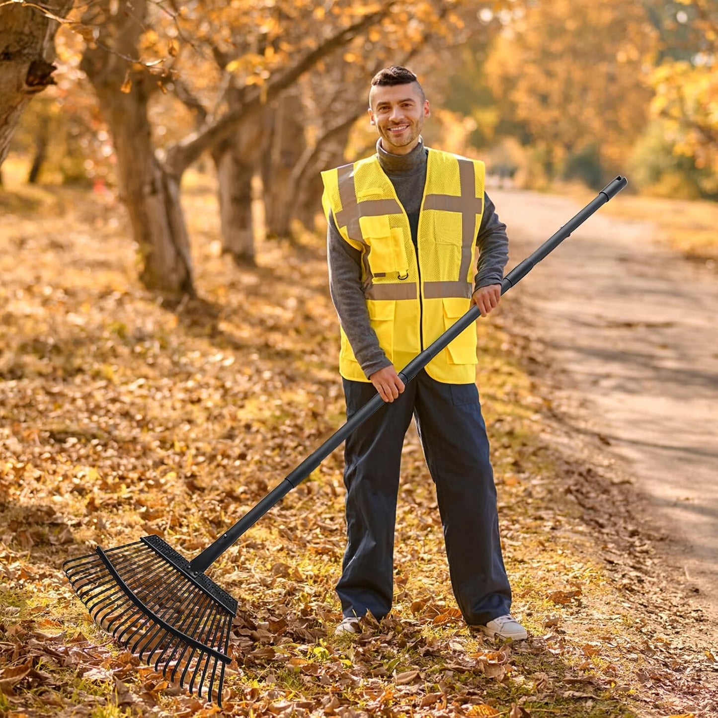 Small Rake for Leaves, 11 Tines Narrow Garden Rake, 60'' Long Handle Small Rakes for Dog Poop, Lawns, Flower Beds, Mulch, Shrub