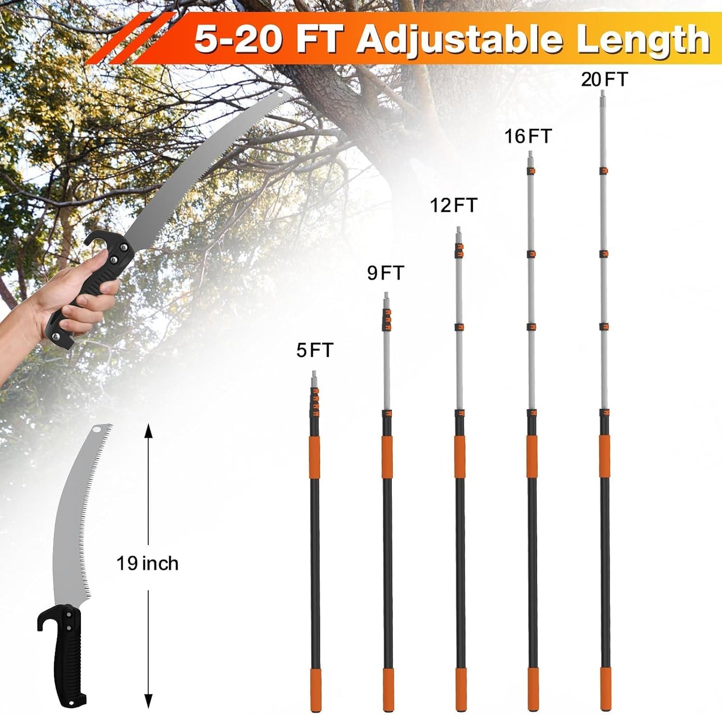 26FT Reach Pole Saws for Tree Trimming, Pole Saw with 5-20FT Telescoping Extension Pole, Pruning Saw with 19" 3X Detachable Saw, Non-Slip Handle, Tree Trimmer for Garden Palms Shrubs