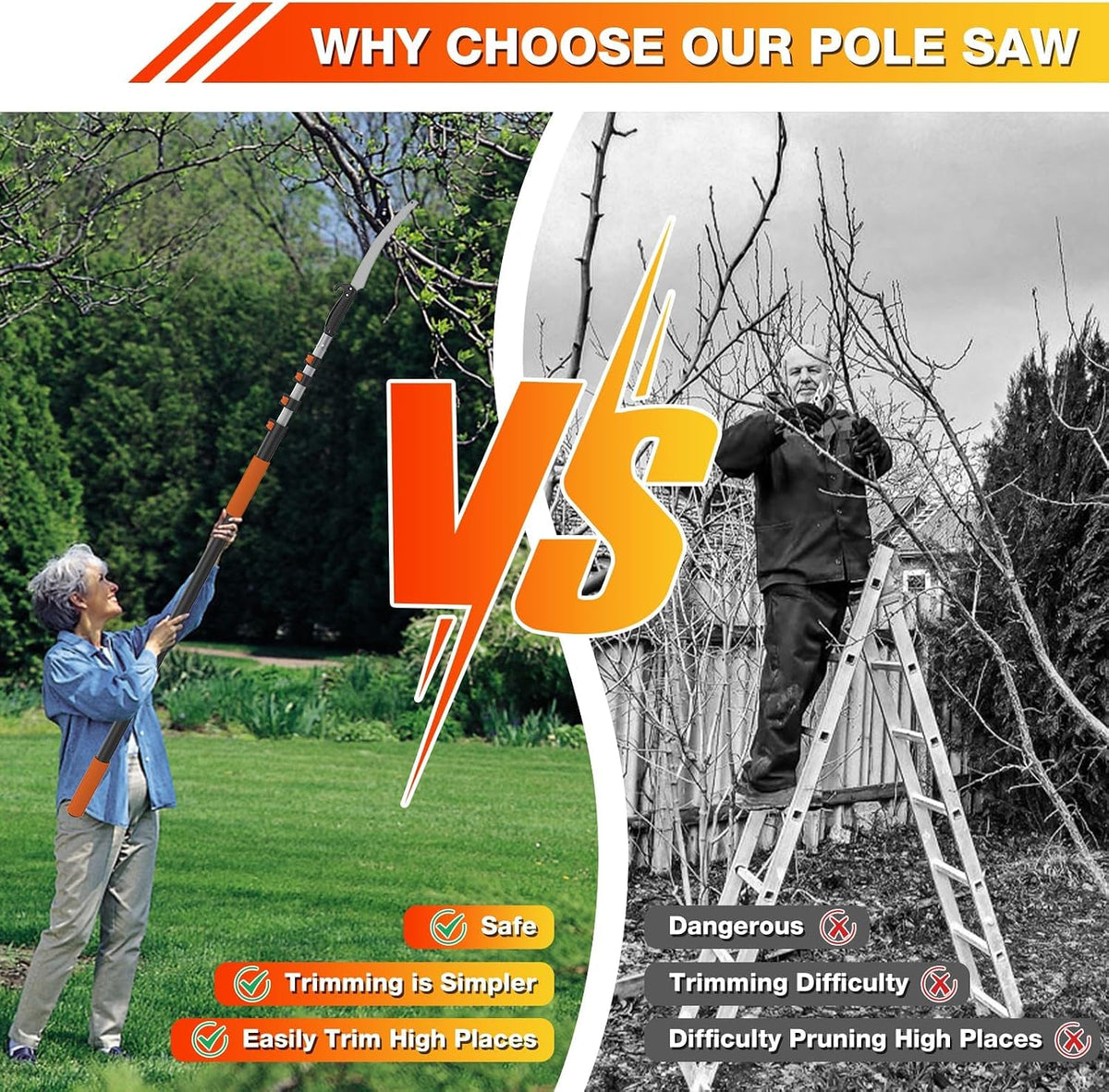 26FT Reach Pole Saws for Tree Trimming, Pole Saw with 5-20FT Telescoping Extension Pole, Pruning Saw with 19" 3X Detachable Saw, Non-Slip Handle, Tree Trimmer for Garden Palms Shrubs