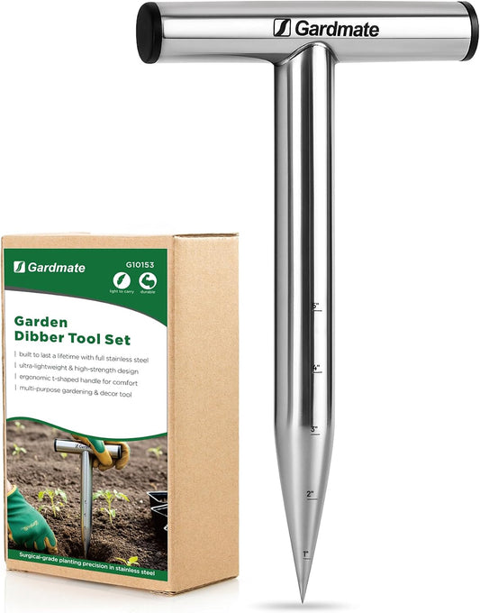 Stainless Steel Hand Dibber with Depth Markings & T-Handle, Rust-Resistant Bulb Planter Tool for Seeds, Seedlings & Bulbs – Ergonomic Design for Garden & Lawn