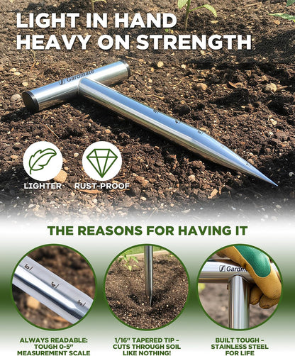 Stainless Steel Hand Dibber with Depth Markings & T-Handle, Rust-Resistant Bulb Planter Tool for Seeds, Seedlings & Bulbs – Ergonomic Design for Garden & Lawn