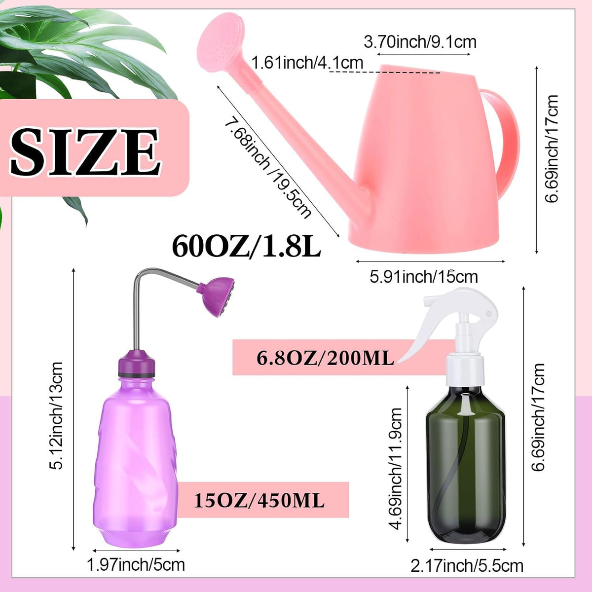 1/2 Gallon Long Spout Watering Can Set for Indoor & Outdoor Plants – Includes Spray Bottle, Squeeze Bottle, Watering Globes & Soil Moisture Meter for Garden & House Plants(Pink)