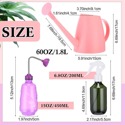 1/2 Gallon Long Spout Watering Can Set for Indoor & Outdoor Plants – Includes Spray Bottle, Squeeze Bottle, Watering Globes & Soil Moisture Meter for Garden & House Plants(Pink)