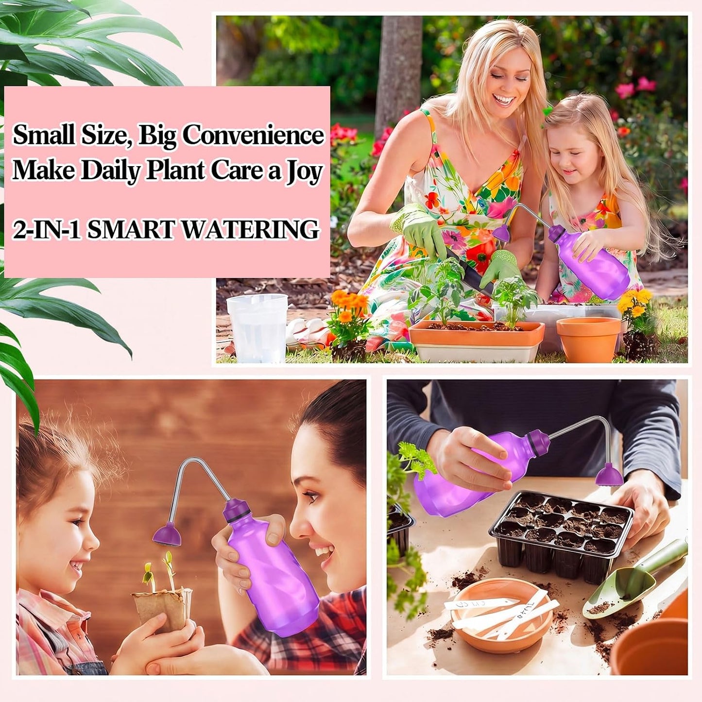 1/2 Gallon Long Spout Watering Can Set for Indoor & Outdoor Plants – Includes Spray Bottle, Squeeze Bottle, Watering Globes & Soil Moisture Meter for Garden & House Plants(Pink)