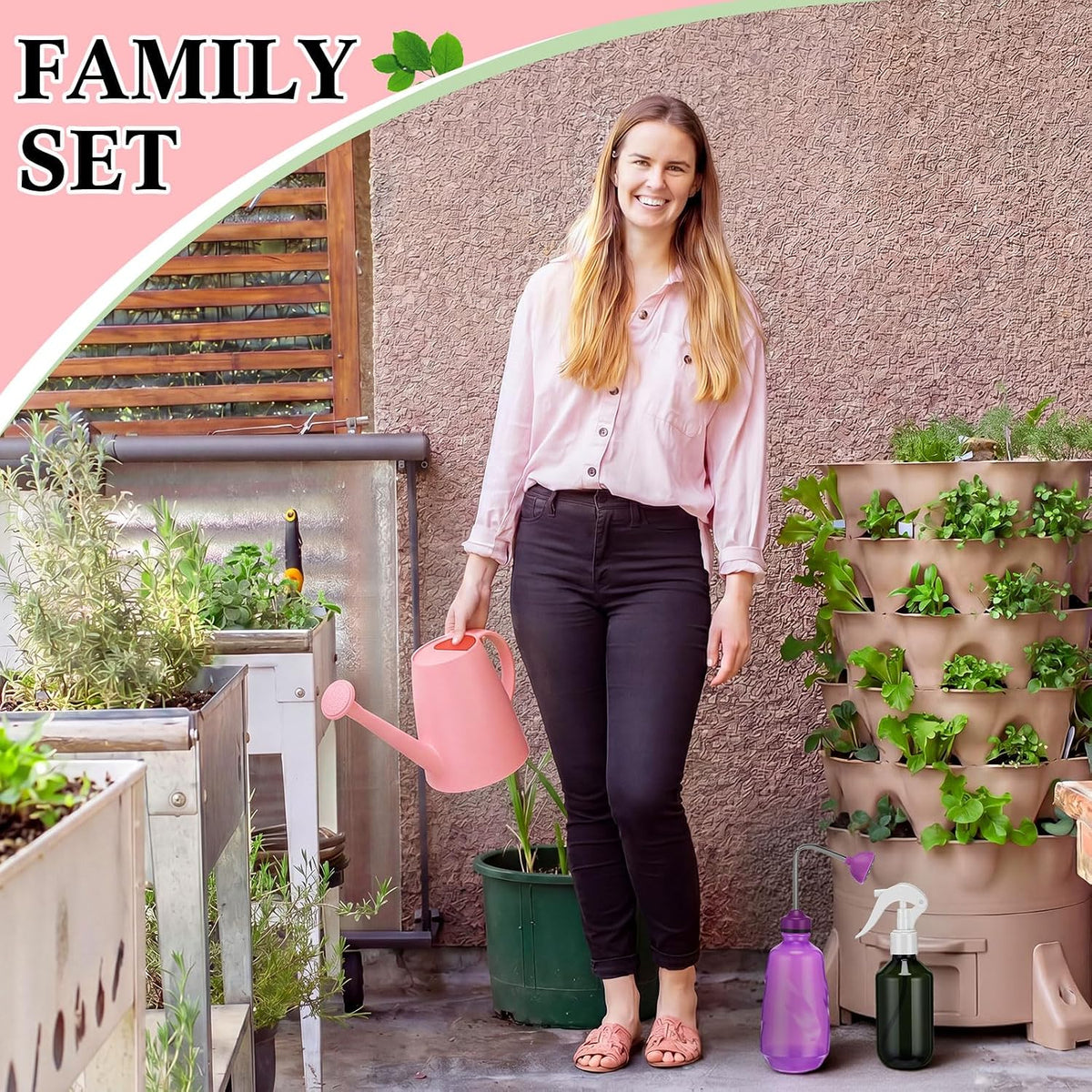 1/2 Gallon Long Spout Watering Can Set for Indoor & Outdoor Plants – Includes Spray Bottle, Squeeze Bottle, Watering Globes & Soil Moisture Meter for Garden & House Plants(Pink)
