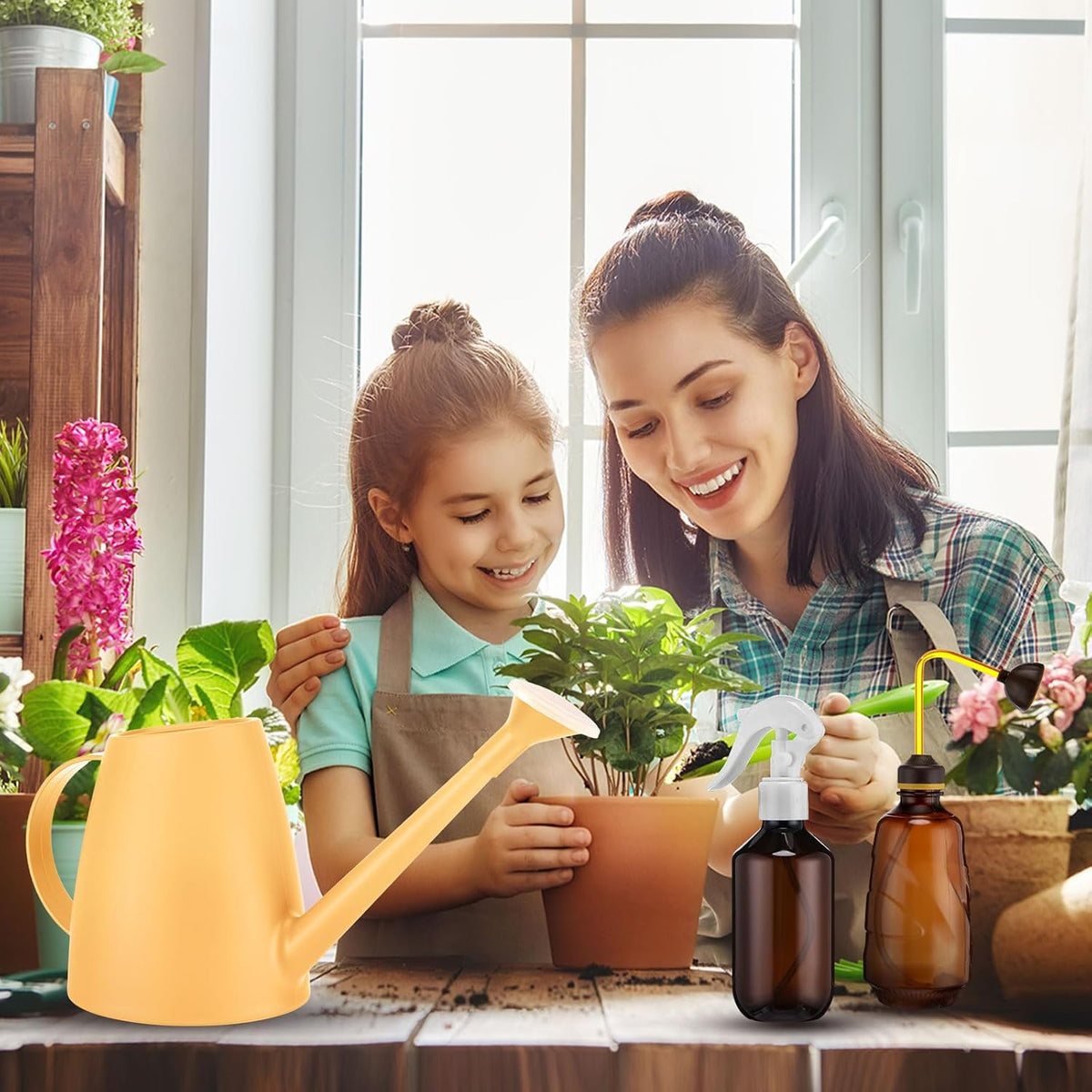1/2 Gallon Long Spout Watering Can Set for Indoor & Outdoor Plants – Includes Spray Bottle, Squeeze Bottle, Watering Globes & Soil Moisture Meter for Garden & House Plants(Pink)