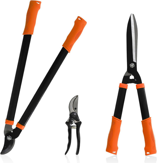 3PCS Garden Tool Set with Lopper, Hedge Shears and Bypass Pruner, Heavy Duty Tree & Shrub Care Kit, Tree Trimmer Gardening Tools for Indoor & Outdoor Gardening