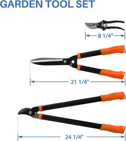 3PCS Garden Tool Set with Lopper, Hedge Shears and Bypass Pruner, Heavy Duty Tree & Shrub Care Kit, Tree Trimmer Gardening Tools for Indoor & Outdoor Gardening