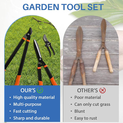 3PCS Garden Tool Set with Lopper, Hedge Shears and Bypass Pruner, Heavy Duty Tree & Shrub Care Kit, Tree Trimmer Gardening Tools for Indoor & Outdoor Gardening