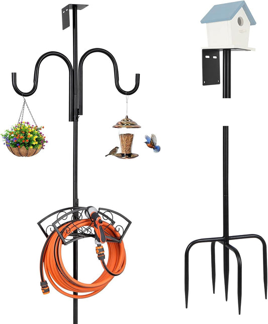 Upgraded Garden Hose Holder, Freestanding Water Hose Holder, Double Shepherds Hooks for Outdoor, Adjustable Hose Stand with 5 Spikes Heavy Duty Metal Bird Feeder Pole for Outside Yard Lawn
