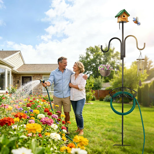 Upgraded Garden Hose Holder, Freestanding Water Hose Holder, Double Shepherds Hooks for Outdoor, Adjustable Hose Stand with 5 Spikes Heavy Duty Metal Bird Feeder Pole for Outside Yard Lawn