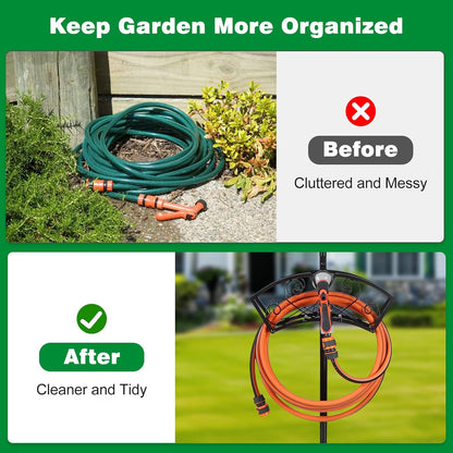 Upgraded Garden Hose Holder, Freestanding Water Hose Holder, Double Shepherds Hooks for Outdoor, Adjustable Hose Stand with 5 Spikes Heavy Duty Metal Bird Feeder Pole for Outside Yard Lawn