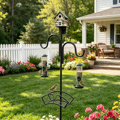 Upgraded Garden Hose Holder, Freestanding Water Hose Holder, Double Shepherds Hooks for Outdoor, Adjustable Hose Stand with 5 Spikes Heavy Duty Metal Bird Feeder Pole for Outside Yard Lawn