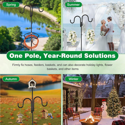 Upgraded Garden Hose Holder, Freestanding Water Hose Holder, Double Shepherds Hooks for Outdoor, Adjustable Hose Stand with 5 Spikes Heavy Duty Metal Bird Feeder Pole for Outside Yard Lawn