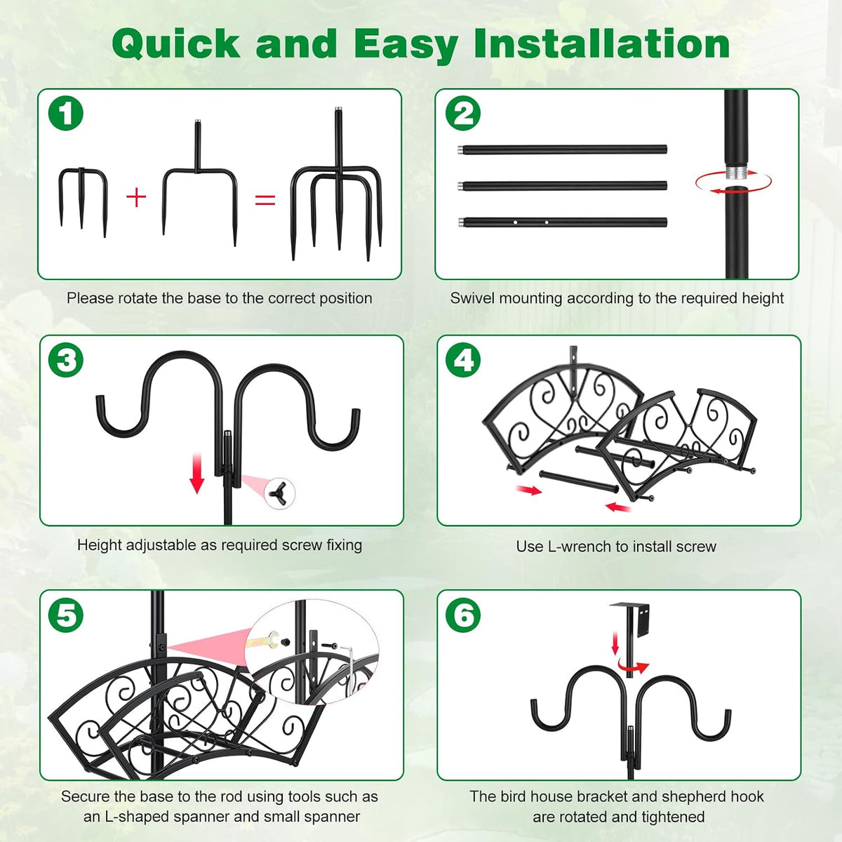 Upgraded Garden Hose Holder, Freestanding Water Hose Holder, Double Shepherds Hooks for Outdoor, Adjustable Hose Stand with 5 Spikes Heavy Duty Metal Bird Feeder Pole for Outside Yard Lawn
