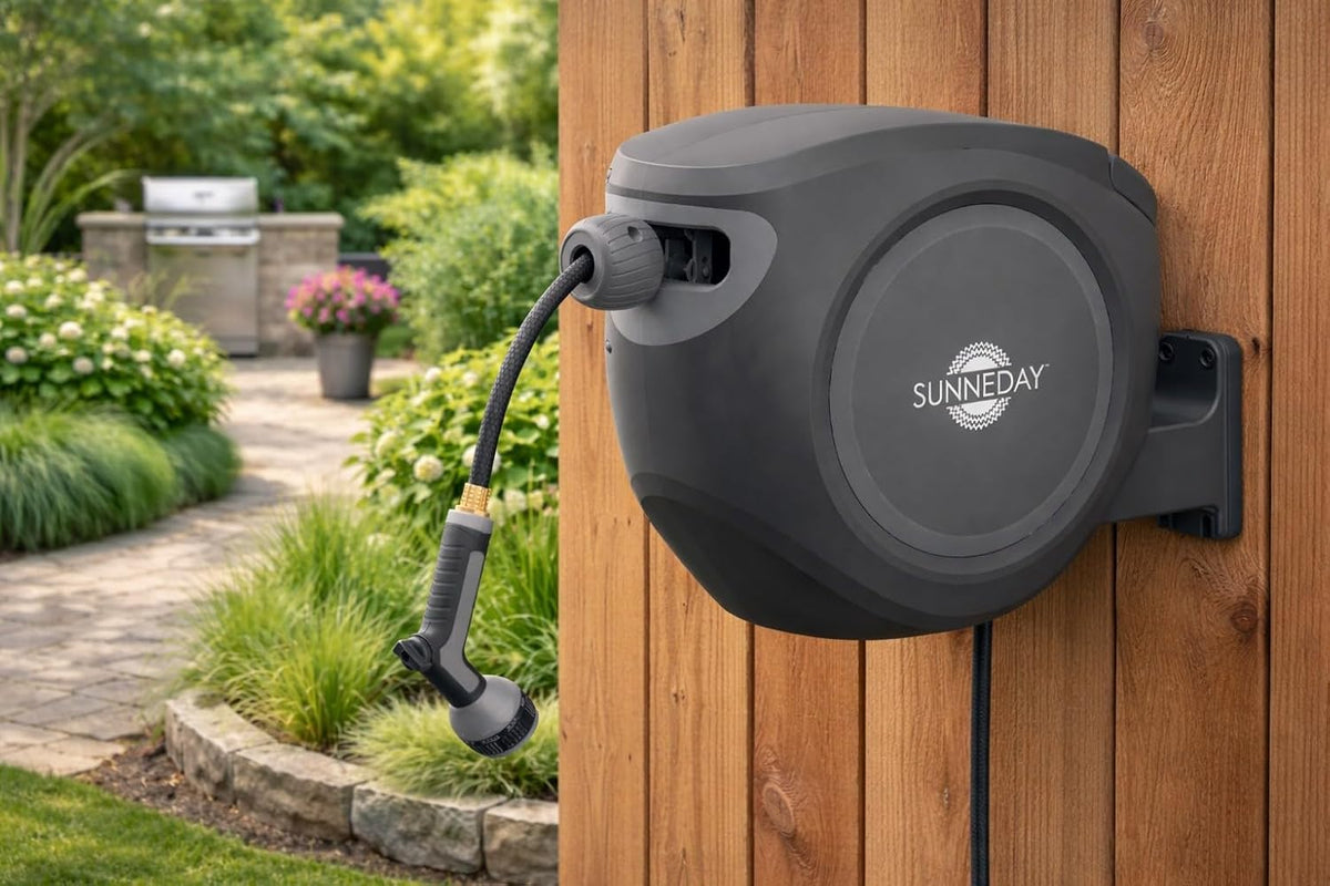 SW-30S 100ft Retractable Hose Reel 5/8 | Automatic Retractable w/Wall Mount | Easy to Assemble Reel w/Flexible Swivel Mount (100FT 1/2)