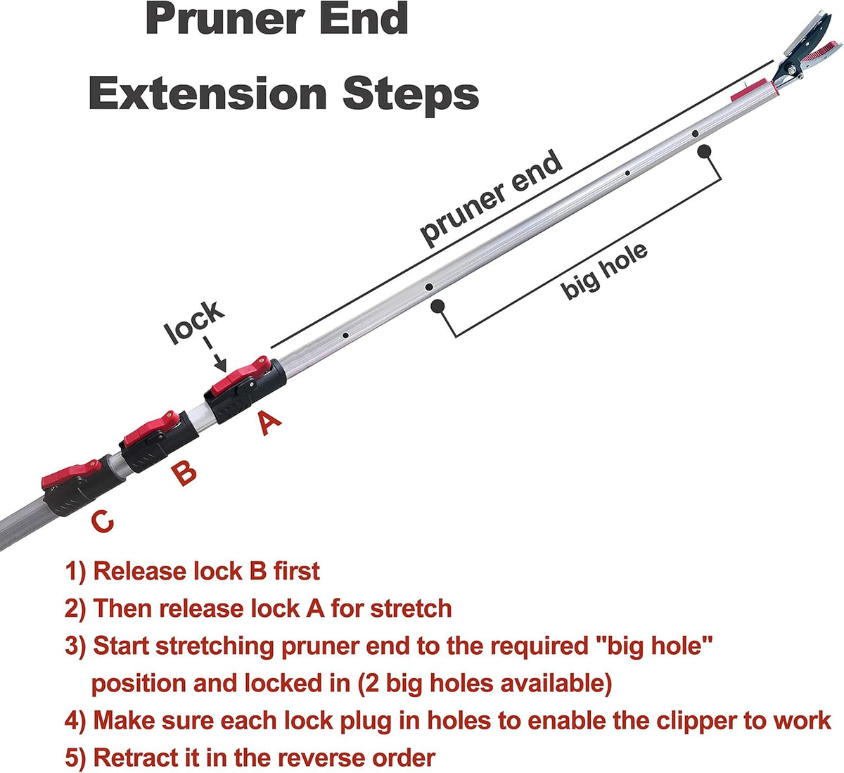 5.4-14.8 FT Tree Pruner Extendable 4 Sections, Telescopic Cut and Hold Trimmers Pole Saws Trimming Long Reach Pruning Shears Branch Cutter Clipper Bypass Lopper Fruit Picker