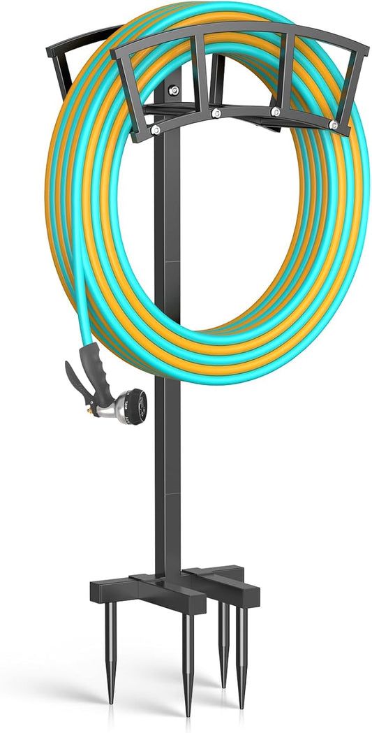 Garden Hose Holder 4 Spikes, Heavy Duty Freestanding Water Hose Holder Stand Holds 150-ft Hoses, Detachable Outdoor Metal Storage Hanger Organizer Rack for Outside Yard Lawn Farm