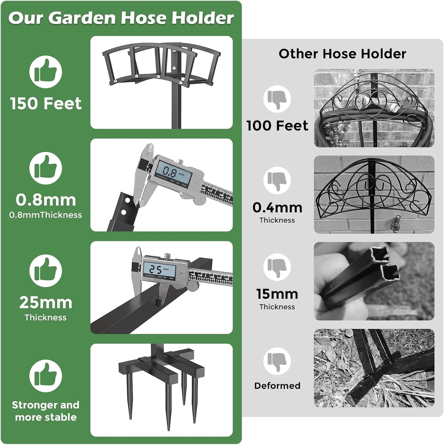 Garden Hose Holder 4 Spikes, Heavy Duty Freestanding Water Hose Holder Stand Holds 150-ft Hoses, Detachable Outdoor Metal Storage Hanger Organizer Rack for Outside Yard Lawn Farm