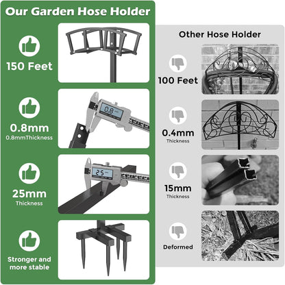 Garden Hose Holder 4 Spikes, Heavy Duty Freestanding Water Hose Holder Stand Holds 150-ft Hoses, Detachable Outdoor Metal Storage Hanger Organizer Rack for Outside Yard Lawn Farm