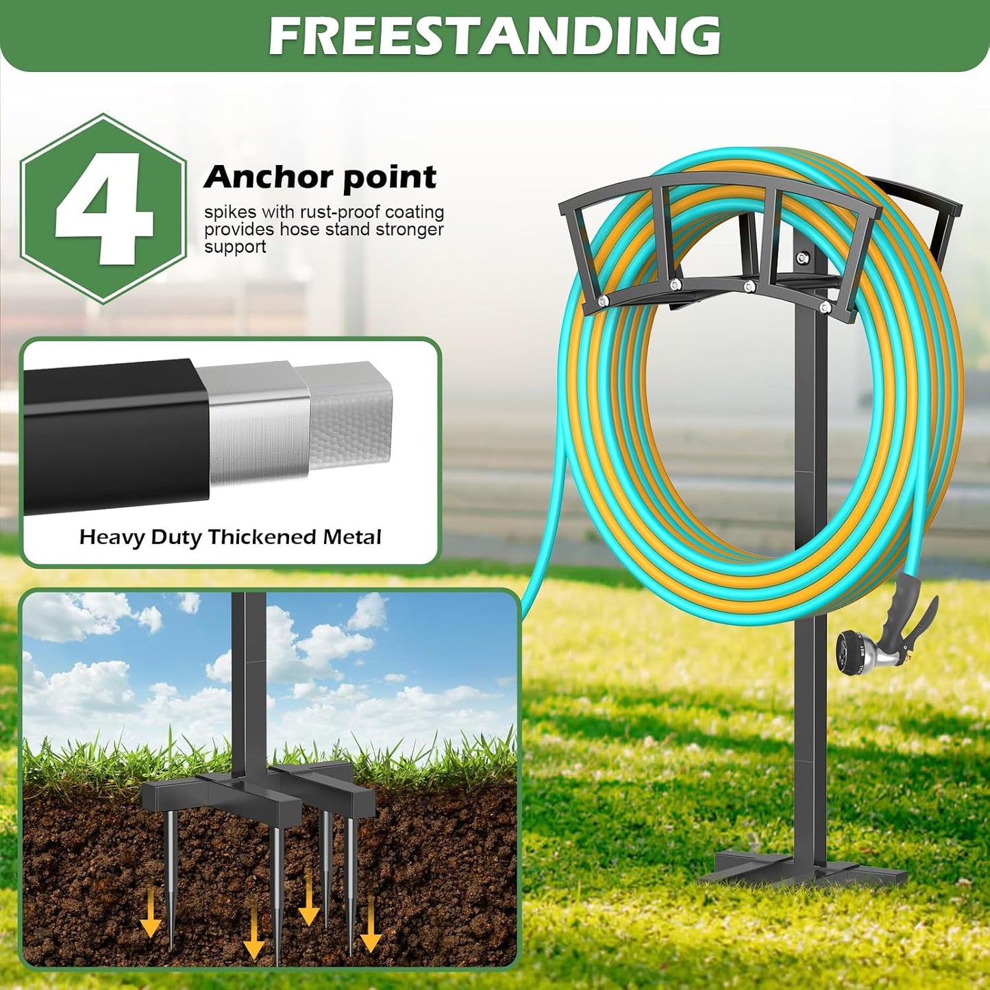 Garden Hose Holder 4 Spikes, Heavy Duty Freestanding Water Hose Holder Stand Holds 150-ft Hoses, Detachable Outdoor Metal Storage Hanger Organizer Rack for Outside Yard Lawn Farm