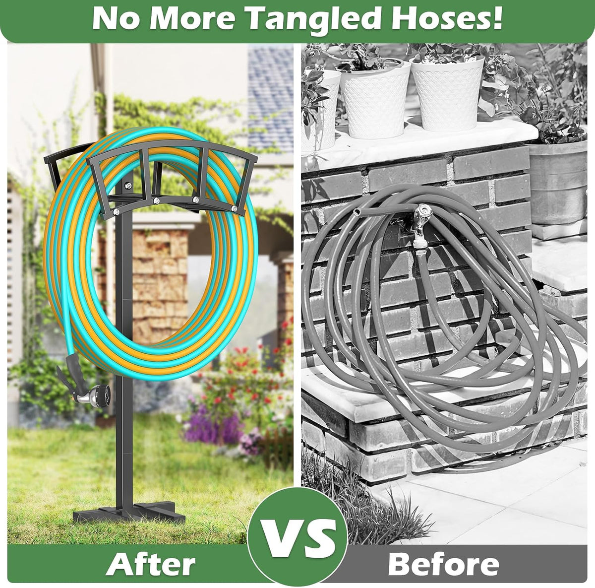Garden Hose Holder 4 Spikes, Heavy Duty Freestanding Water Hose Holder Stand Holds 150-ft Hoses, Detachable Outdoor Metal Storage Hanger Organizer Rack for Outside Yard Lawn Farm