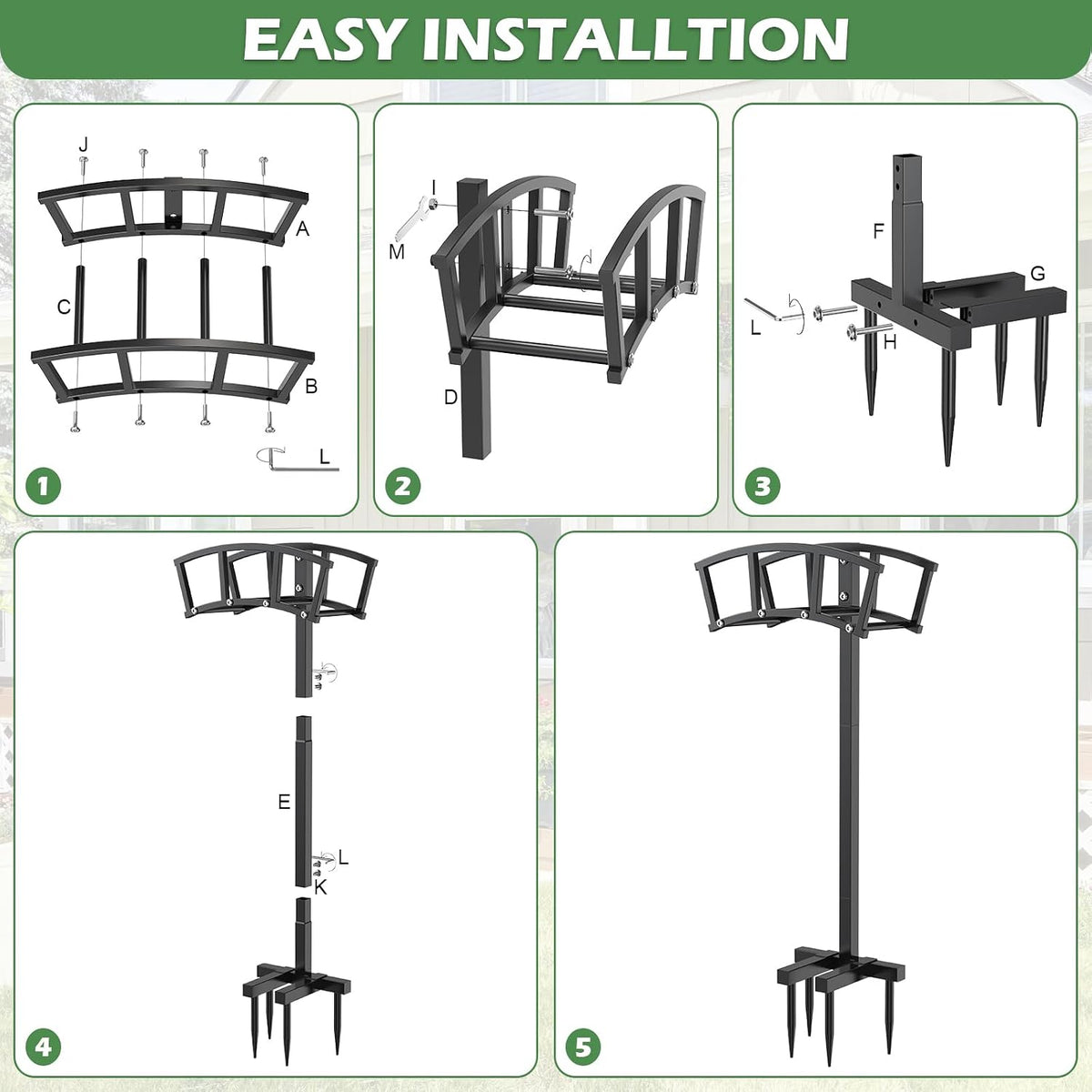 Garden Hose Holder 4 Spikes, Heavy Duty Freestanding Water Hose Holder Stand Holds 150-ft Hoses, Detachable Outdoor Metal Storage Hanger Organizer Rack for Outside Yard Lawn Farm