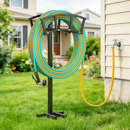 Garden Hose Holder 4 Spikes, Heavy Duty Freestanding Water Hose Holder Stand Holds 150-ft Hoses, Detachable Outdoor Metal Storage Hanger Organizer Rack for Outside Yard Lawn Farm