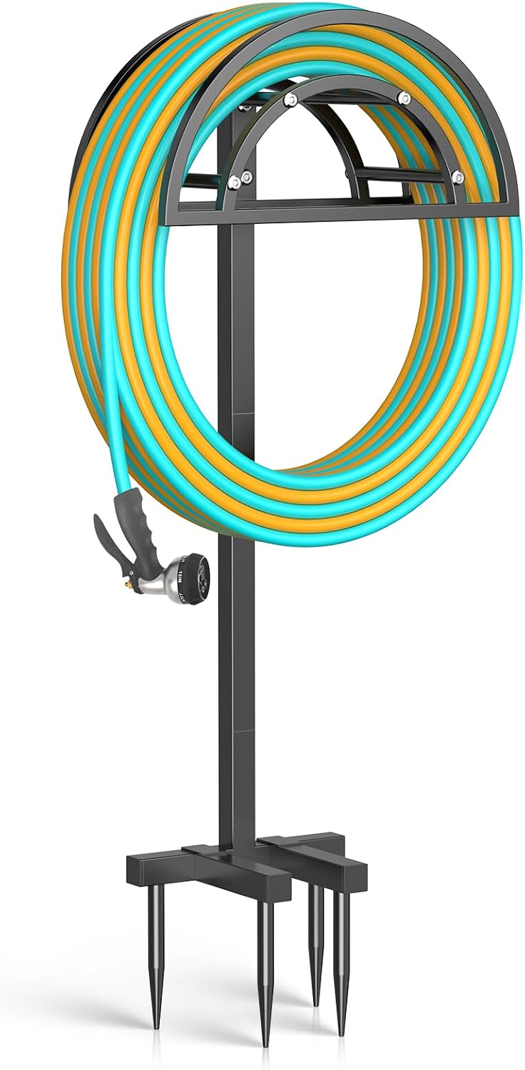 Garden Hose Holder 4 Spikes, Heavy Duty Freestanding Water Hose Holder Stand Holds 150-ft Hoses, Detachable Outdoor Metal Storage Hanger Organizer Rack for Outside Yard Lawn Farm