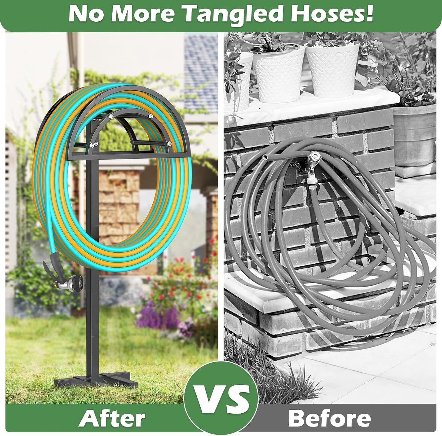 Garden Hose Holder 4 Spikes, Heavy Duty Freestanding Water Hose Holder Stand Holds 150-ft Hoses, Detachable Outdoor Metal Storage Hanger Organizer Rack for Outside Yard Lawn Farm