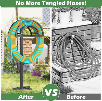 Garden Hose Holder 4 Spikes, Heavy Duty Freestanding Water Hose Holder Stand Holds 150-ft Hoses, Detachable Outdoor Metal Storage Hanger Organizer Rack for Outside Yard Lawn Farm