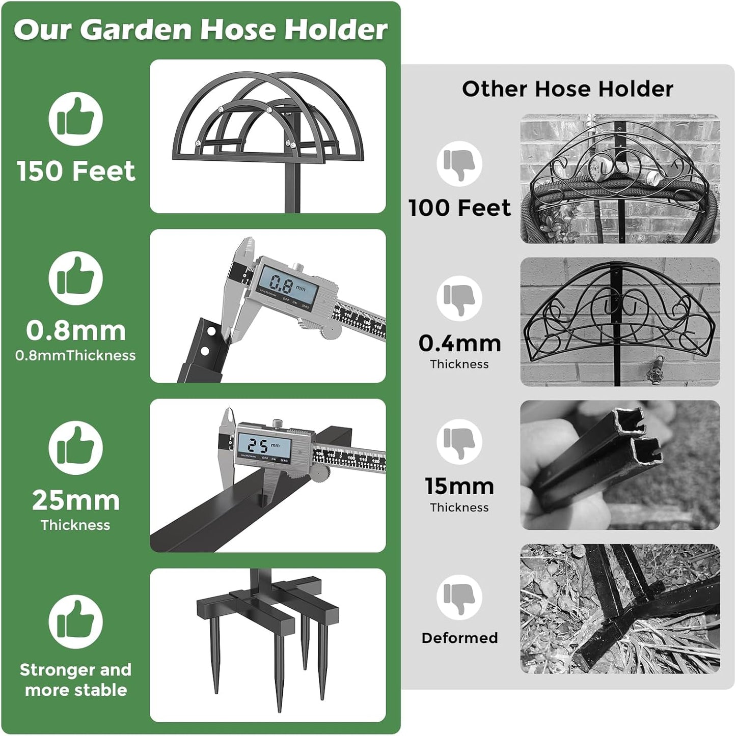 Garden Hose Holder 4 Spikes, Heavy Duty Freestanding Water Hose Holder Stand Holds 150-ft Hoses, Detachable Outdoor Metal Storage Hanger Organizer Rack for Outside Yard Lawn Farm