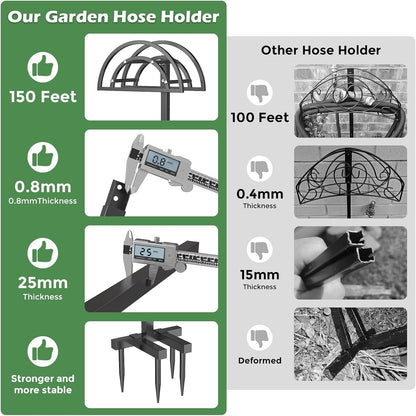 Garden Hose Holder 4 Spikes, Heavy Duty Freestanding Water Hose Holder Stand Holds 150-ft Hoses, Detachable Outdoor Metal Storage Hanger Organizer Rack for Outside Yard Lawn Farm