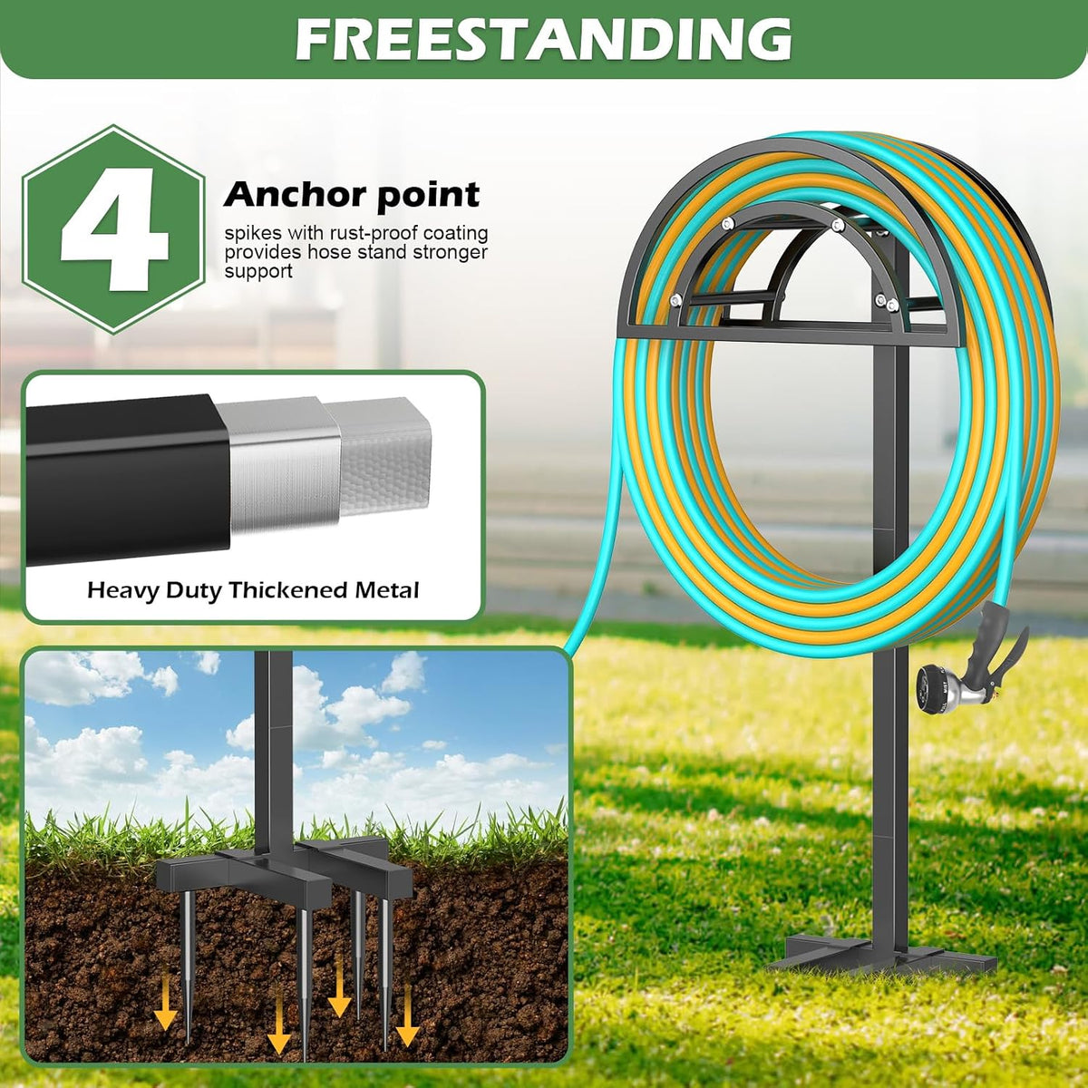 Garden Hose Holder 4 Spikes, Heavy Duty Freestanding Water Hose Holder Stand Holds 150-ft Hoses, Detachable Outdoor Metal Storage Hanger Organizer Rack for Outside Yard Lawn Farm